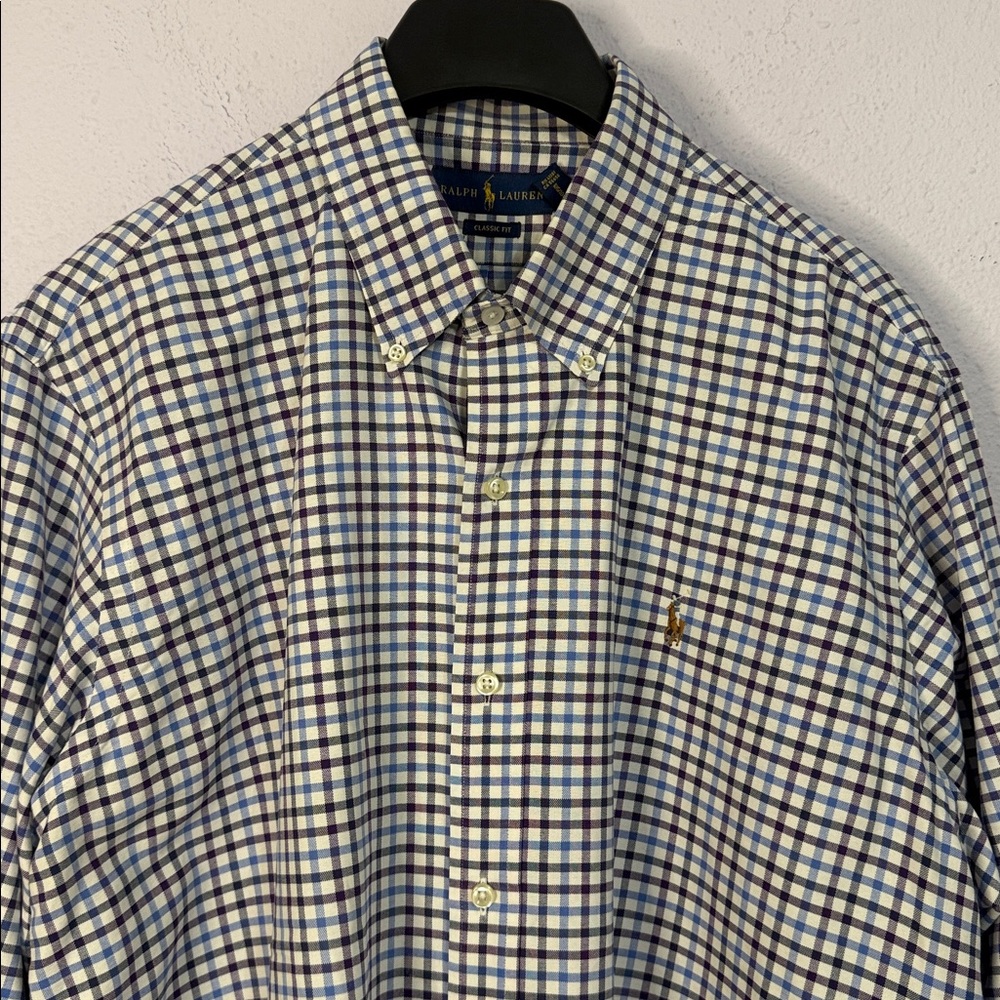 Ralph Lauren Men Blue/Plum Checkered Polo Long Sleeve Classic Fit Shirt XL/TG
